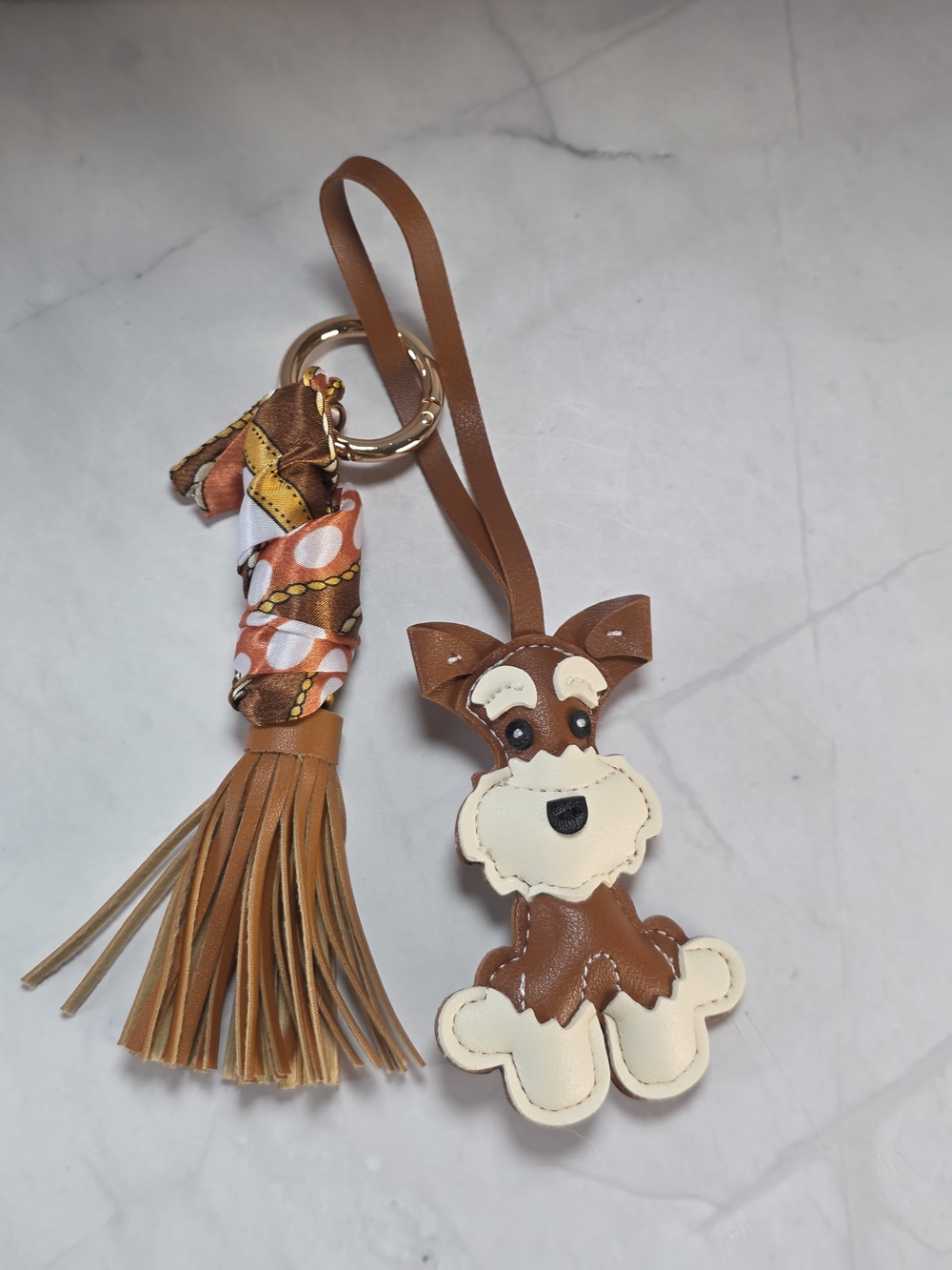 Cute Brown Schnauzer Dog Bag Charm Tassel Twilly Scarf Keychain
